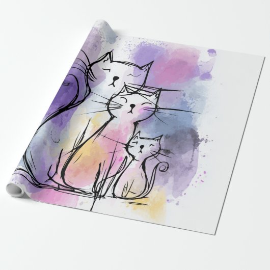 Cat Family Watercolor Artistic Wrapping Paper Gift Cadeaupapier (Uitgerold)