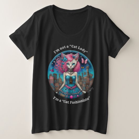 Cat Fashionista (donker shirt) Plus S Grote Maat T-shirt (Design voorkant)