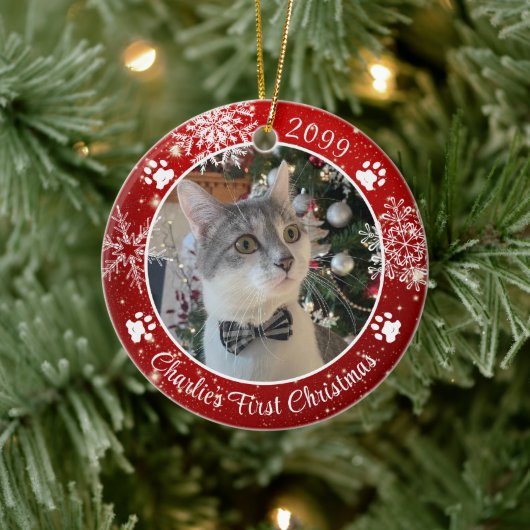Cat First Kerstmis Snowflake Foto Rood White Keramisch Ornament (Boom)