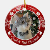 Cat First Kerstmis Snowflake Foto Rood White Keramisch Ornament (Voorkant)