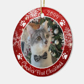 Cat First Kerstmis Snowflake Foto Rood White Keramisch Ornament (Links)