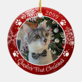 Cat First Kerstmis Snowflake Foto Rood White Keramisch Ornament (Achterkant)