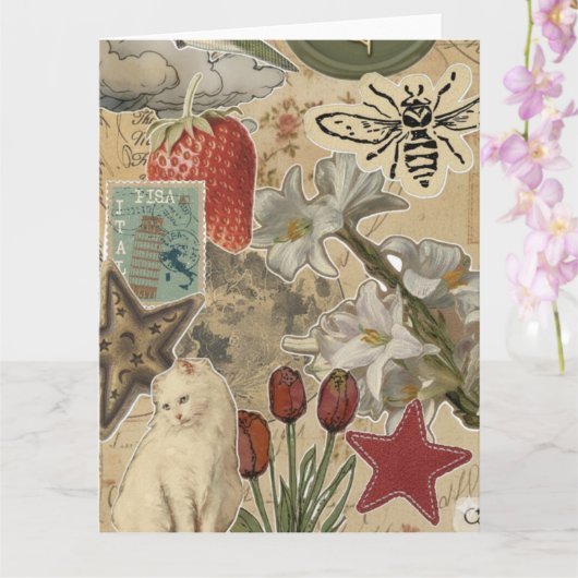 Cat Floral Collage Pattern – Cute Artistic Design Kaart (Orchidee)