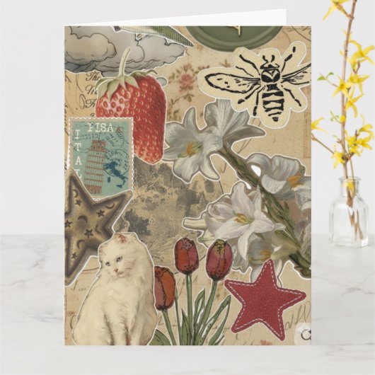 Cat Floral Collage Pattern – Cute Artistic Design Kaart (Gele Bloem)