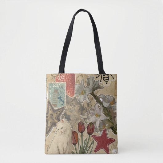 Cat Floral Collage Pattern – Cute Artistic Design Tote Bag (Voorkant)