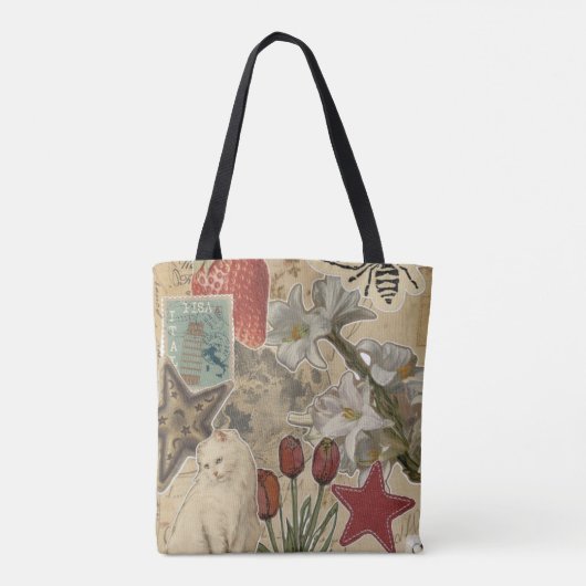 Cat Floral Collage Pattern – Cute Artistic Design Tote Bag (Achterkant)