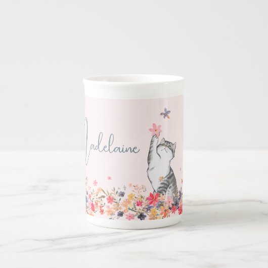 Cat Floral Pink Whimsical Hot Chocolade Porselein Kop (Voorkant)