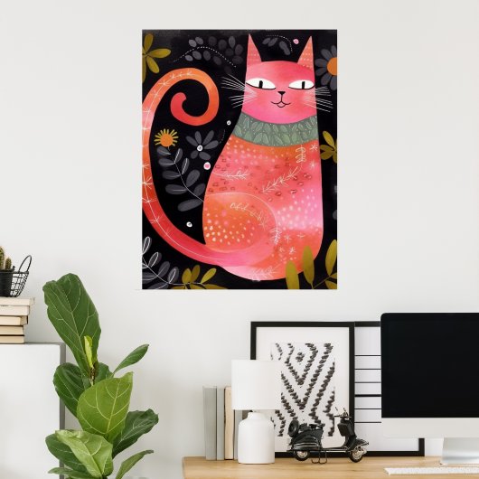 Cat. Floral roze Poster (Thuiskantoor)