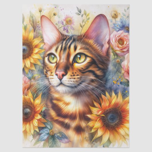 Cat Floral Watercolor Portrait Art Tissuepapier (Voorkant)