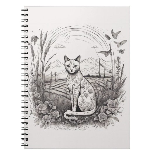 Cat Floral Zwart Wit Close-up Bloemen Gedetailleer Notitieboek (Voorkant)