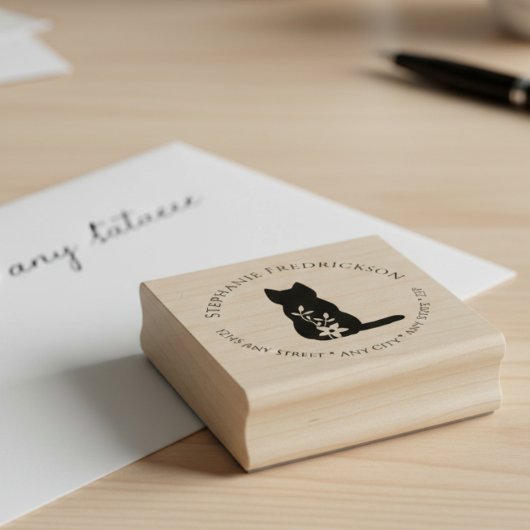 Cat & Flower Return Address Rubber Stamp Rubberstempel