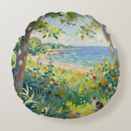 Cat Flowers And Sea Rond Kussen