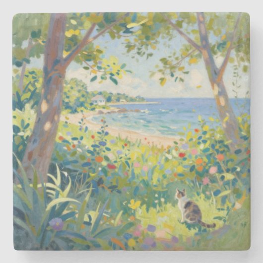 Cat Flowers And Sea Stenen Onderzetter (Voorkant)