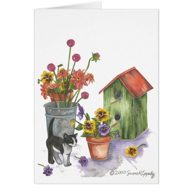 Cat Flowers Birdhouse Waterverf "Willie" (Voorkant)