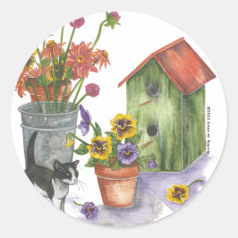 Cat Flowers Birdhouse Waterverf "Willie" Ronde Sticker