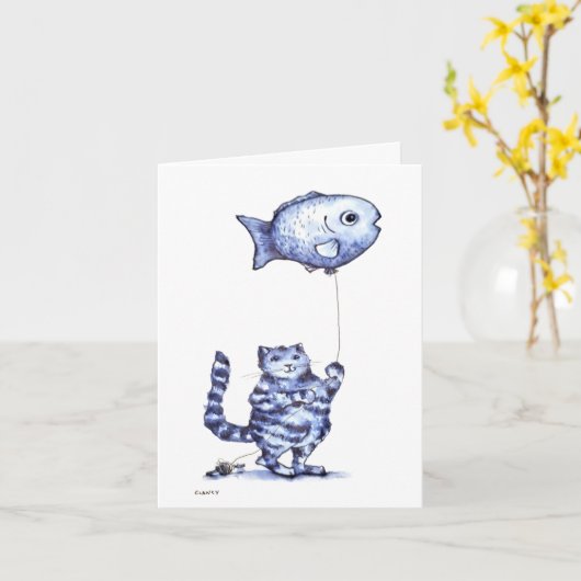 Cat Flying Fish Get Well card Kaart (Gele Bloem)