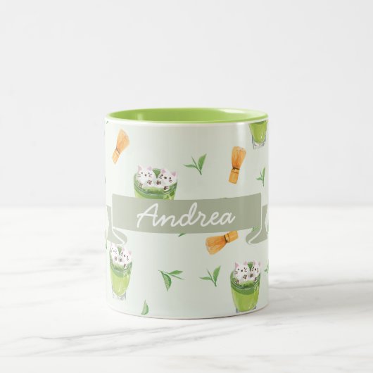 Cat Froth Matcha Green Tea Pattern Tweekleurige Koffiemok (Center)