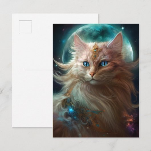 Cat Full Moon Fantasy Art Briefkaart (Voorkant / Achterkant)