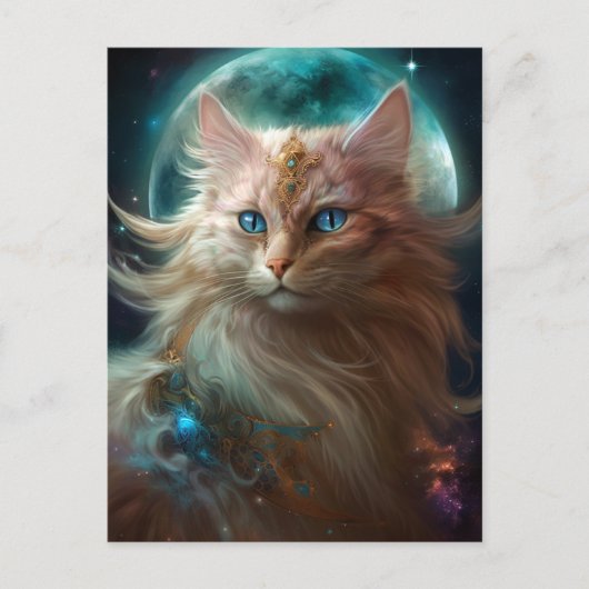 Cat Full Moon Fantasy Art Briefkaart (Voorkant)