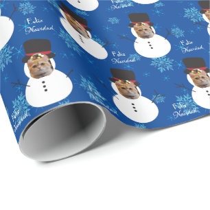 Cat Fun Face Snowman Vrolijk Kerstfeest Spaans Wra Cadeaupapier