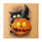 Cat Fun Halloween Character biting a Pumpkin  Tegeltje (Voorkant)