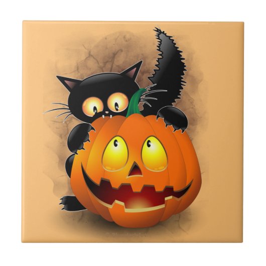 Cat Fun Halloween Character biting a Pumpkin Tegeltje (Voorkant)