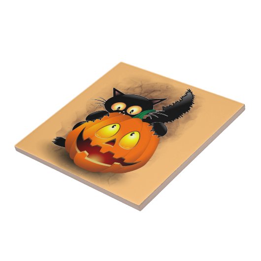 Cat Fun Halloween Character biting a Pumpkin  Tegeltje (Zijkant)