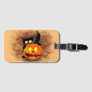 Cat Fun Halloween Character die op een pompoen tik Bagagelabel