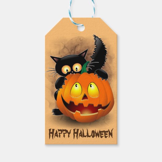 Cat Fun Halloween Character die op een pompoen tik Cadeaulabel (Voorkant)