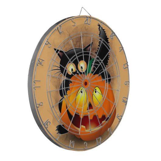 Cat Fun Halloween Character die op een pompoen tik Dartbord (Voorkant Links)
