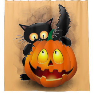 Cat Fun Halloween Character die op een pompoen tik Douchegordijn