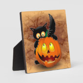 Cat Fun Halloween Character die op een pompoen tik Fotoplaat (Voorkant)