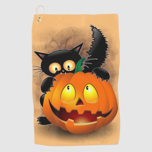 Cat Fun Halloween Character die op een pompoen tik Golfhanddoek (Voorkant)