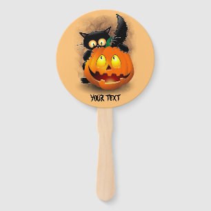 Cat Fun Halloween Character die op een pompoen tik Handwaaier