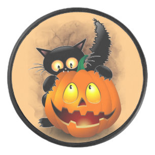 Cat Fun Halloween Character die op een pompoen tik Hockey Puck