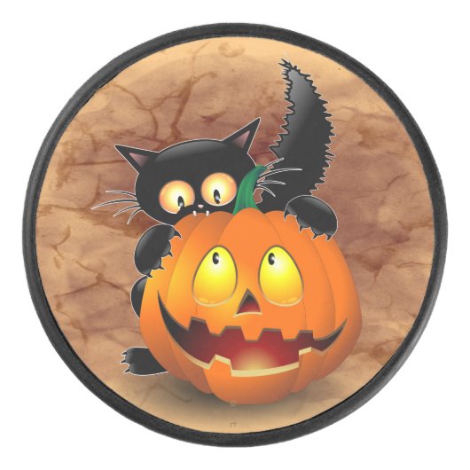 Cat Fun Halloween Character die op een pompoen tik Hockey Puck (Voorkant)