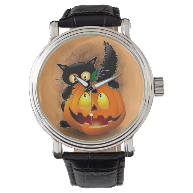 Cat Fun Halloween Character die op een pompoen tik Horloge (Voorkant)