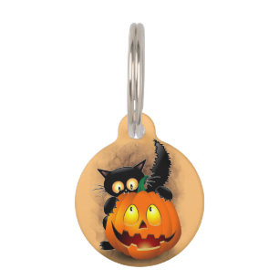 Cat Fun Halloween Character die op een pompoen tik Huisdierpenning