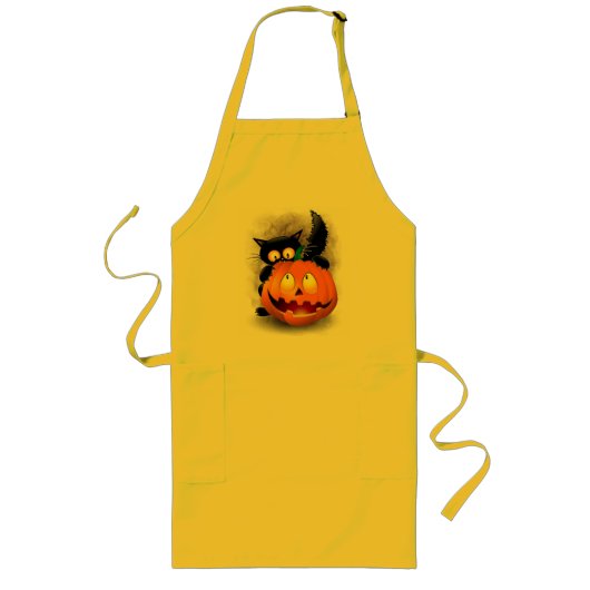 Cat Fun Halloween Character die op een pompoen tik Lang Schort (Voorkant)