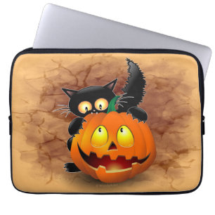 Cat Fun Halloween Character die op een pompoen tik Laptop Sleeve