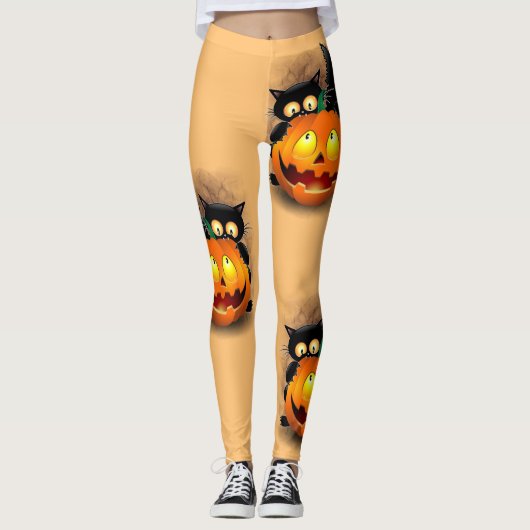 Cat Fun Halloween Character die op een pompoen tik Leggings (Voorkant)