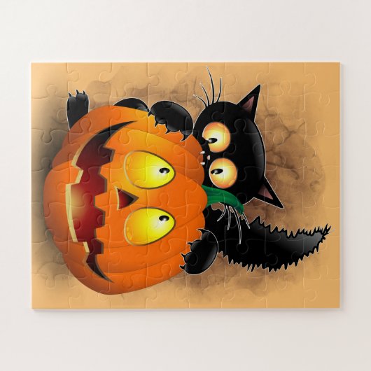 Cat Fun Halloween Character die op een pompoen tik Legpuzzel (Horizontaal)