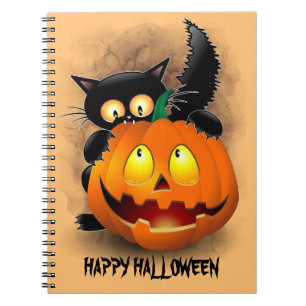 Cat Fun Halloween Character die op een pompoen tik Notitieboek
