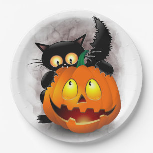 Cat Fun Halloween Character die op een pompoen tik Papieren Bordje