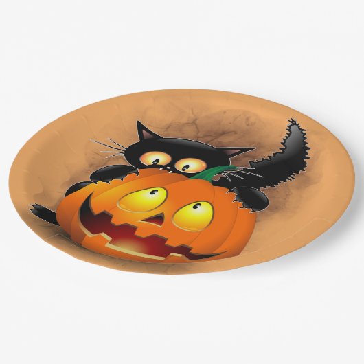 Cat Fun Halloween Character die op een pompoen tik Papieren Bordje (Gekanteld)