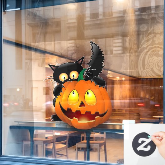 Cat Fun Halloween Character die op een pompoen tik Raamsticker (Cafe Raam)