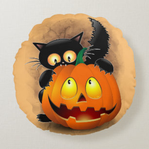 Cat Fun Halloween Character die op een pompoen tik Rond Kussen