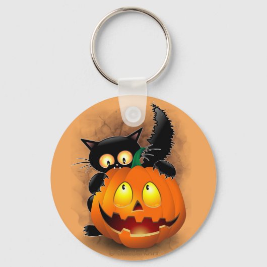 Cat Fun Halloween Character die op een pompoen tik Sleutelhanger (Voorkant)