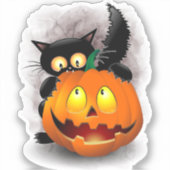 Cat Fun Halloween Character die op een pompoen tik Sticker (Voorkant)