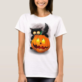 Cat Fun Halloween Character die op een pompoen tik T-shirt